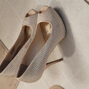J lo gold silk with rhinestone heels